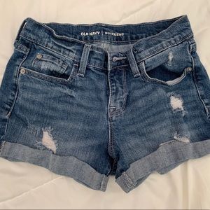 distressed dark wash jean shorts